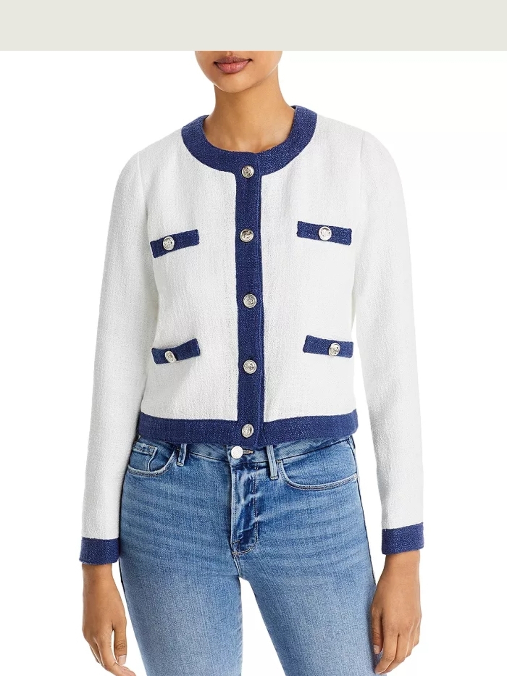 Aqua White Textured Jacket with Navy Trim Small